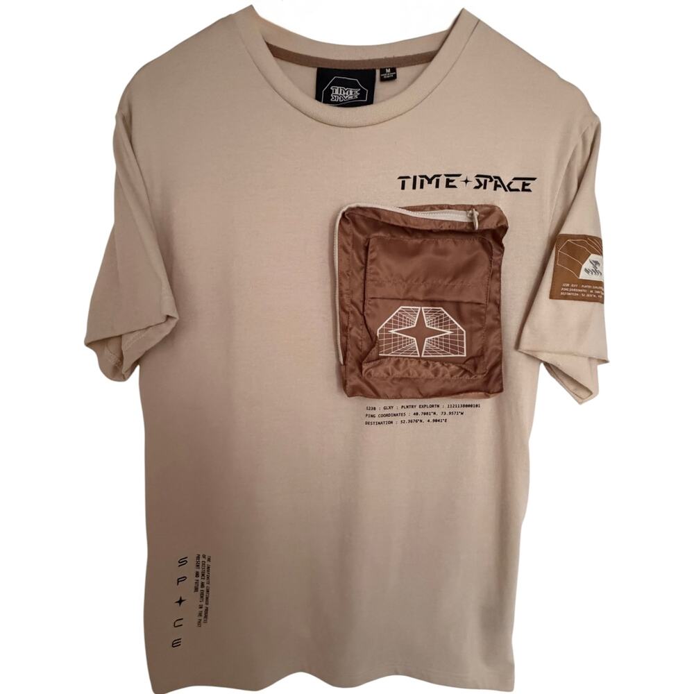 Time Space Utility Pocket T Shirt Mens M Beige Graphic Cotton Blend Tee